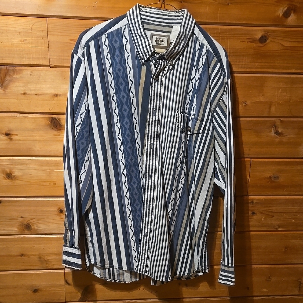 Western Plains Blue Casual Button Down Shirt with Striped Design